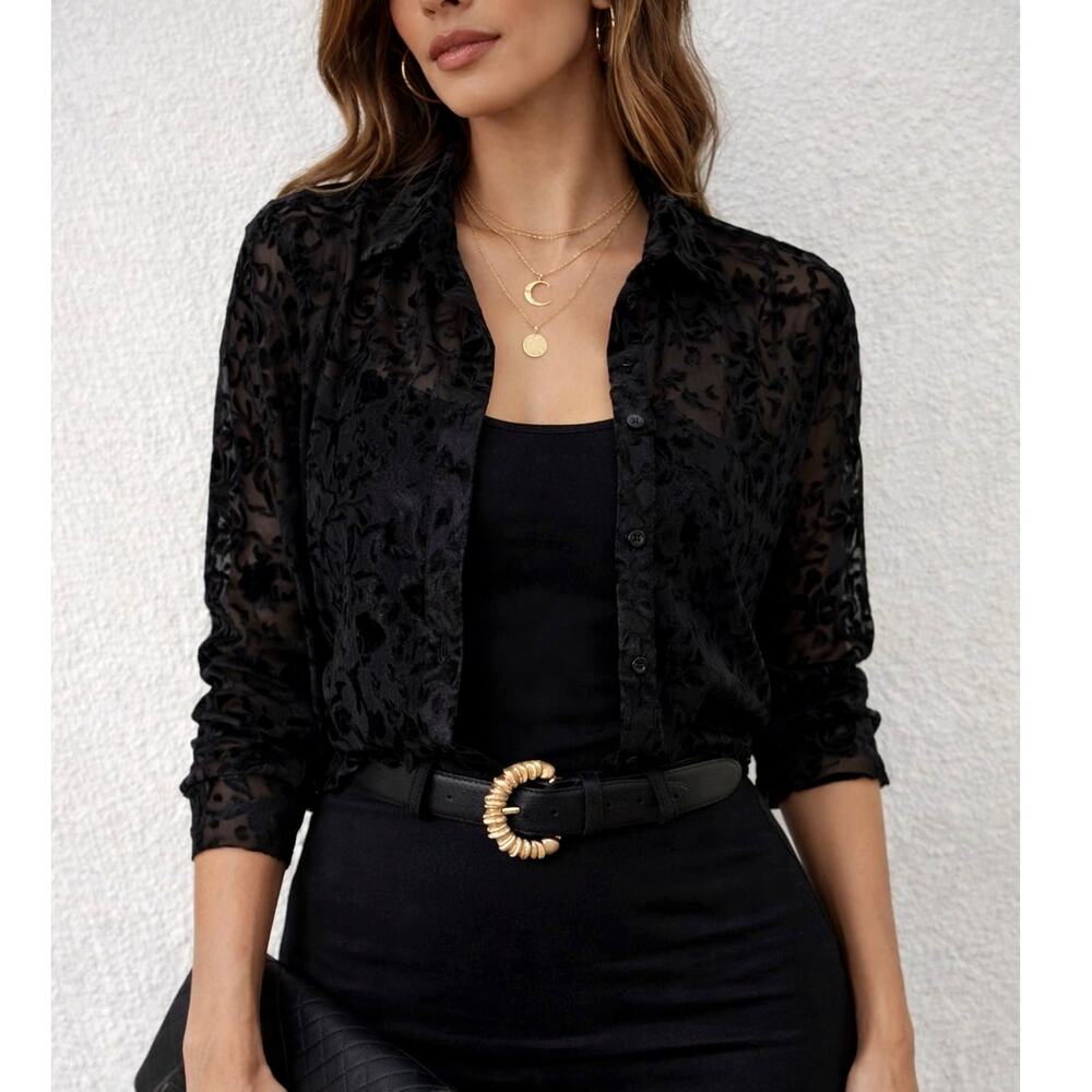 Impressions Black Velvet Burnout Button Up Blouse Women's Sz. Large Whimsigoth